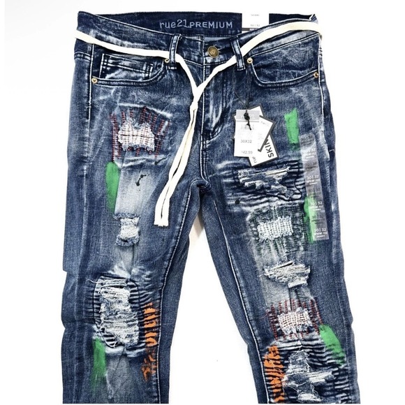 Rue 21 Premium Men's Jeans Blue Design 34/32 Distressed Skinny Fit Denim Jean - Picture 3 of 8